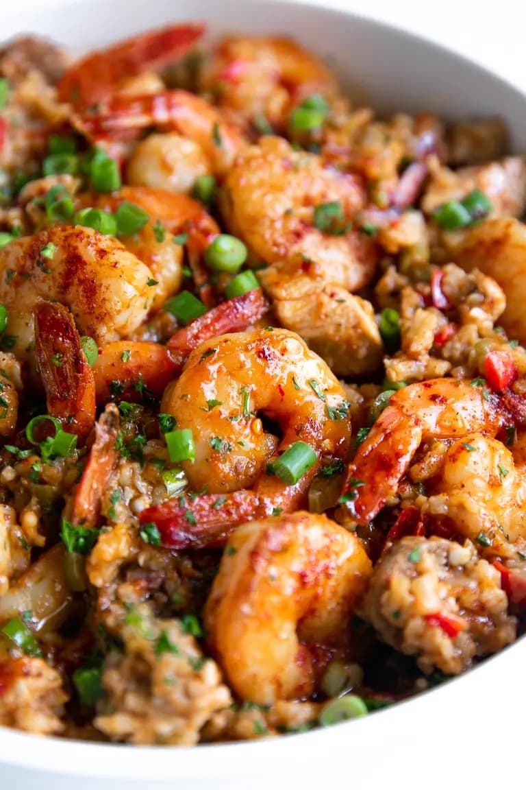 Jambalaya with shrimp mix of meat, vegetables, and rice.