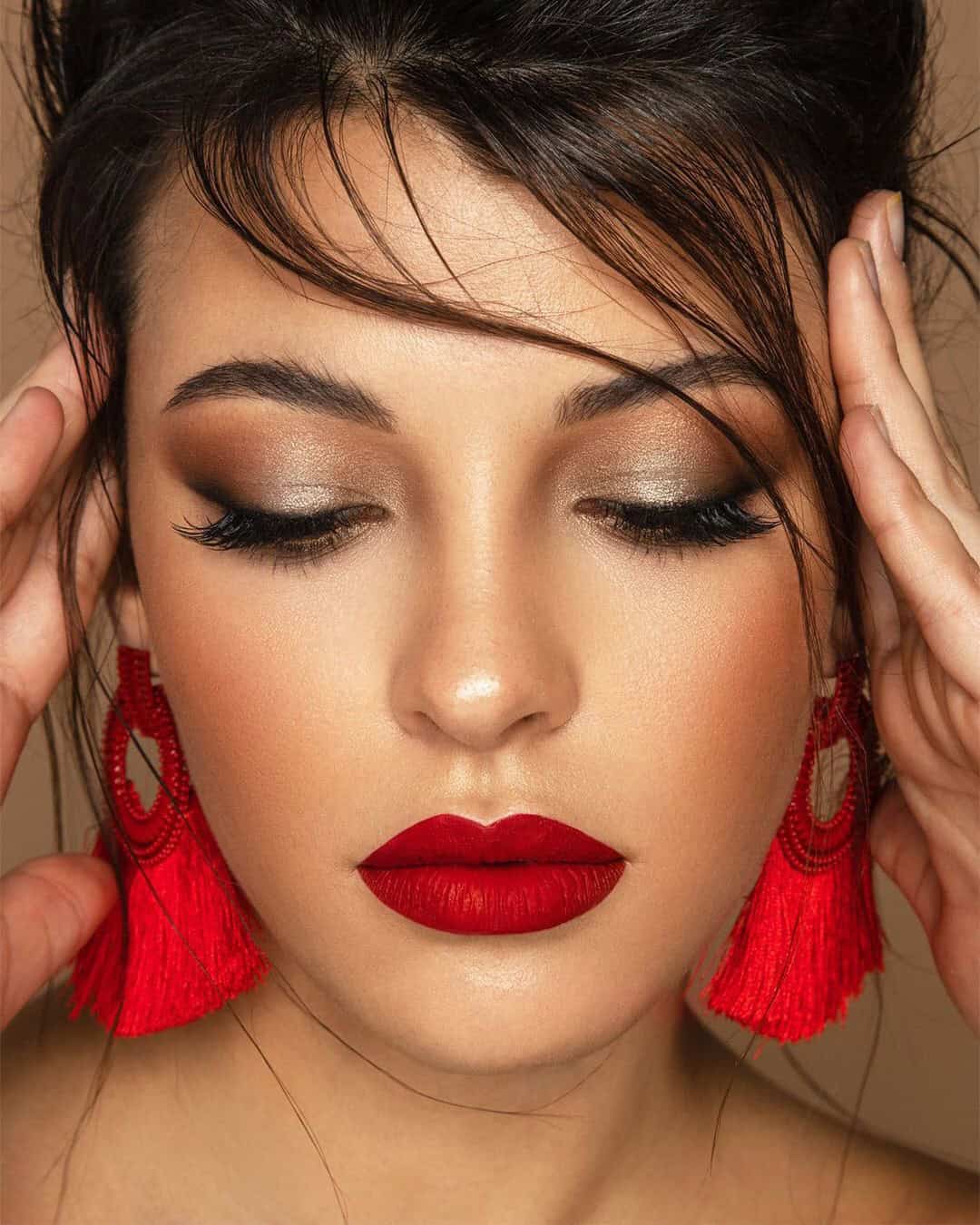 Effortless Elegance: Red Lips with Soft Eye Makeup