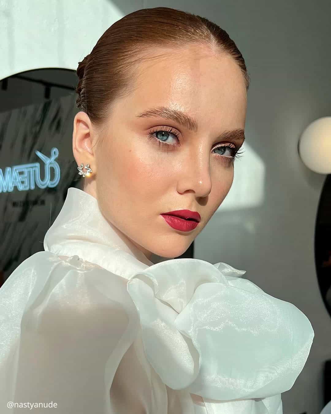 Natural Wedding Makeup with Red Lips
