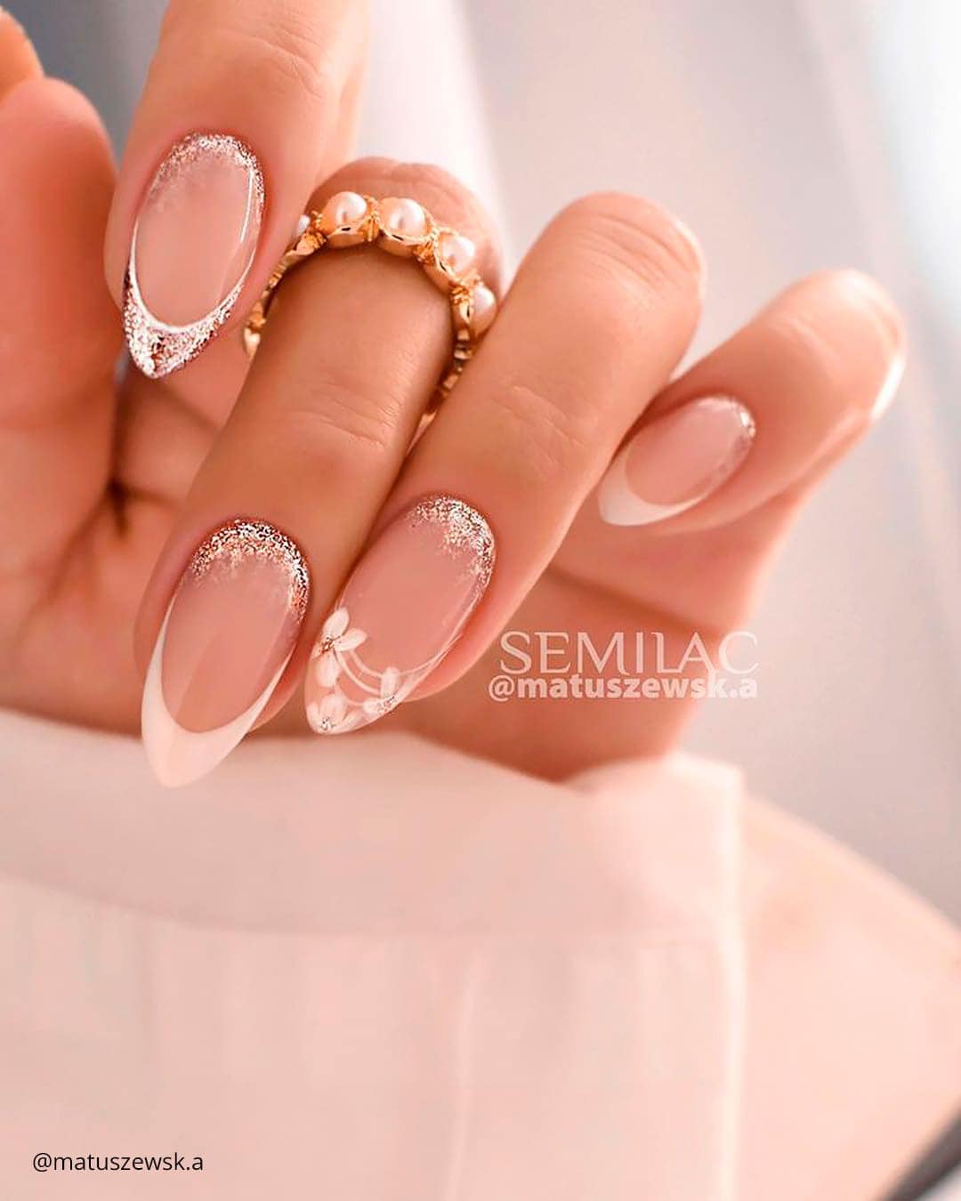 Wedding French Nails with Rhinestones