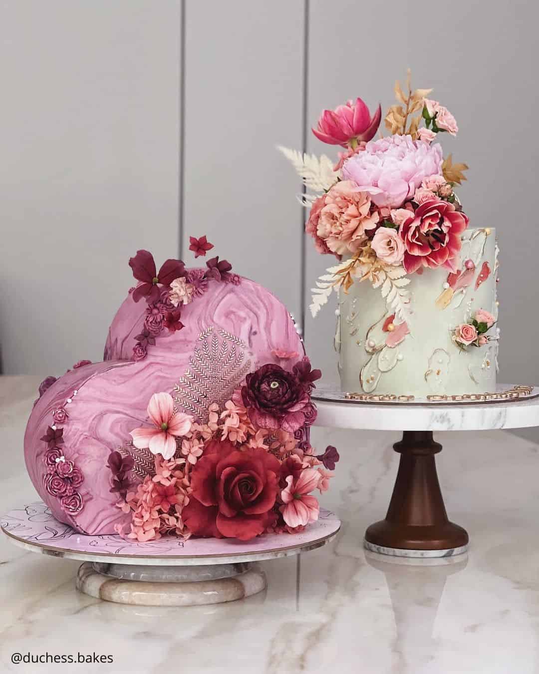 unique wedding cakes romantic heart shaped marble pink cake with floral decor duchess.bakes