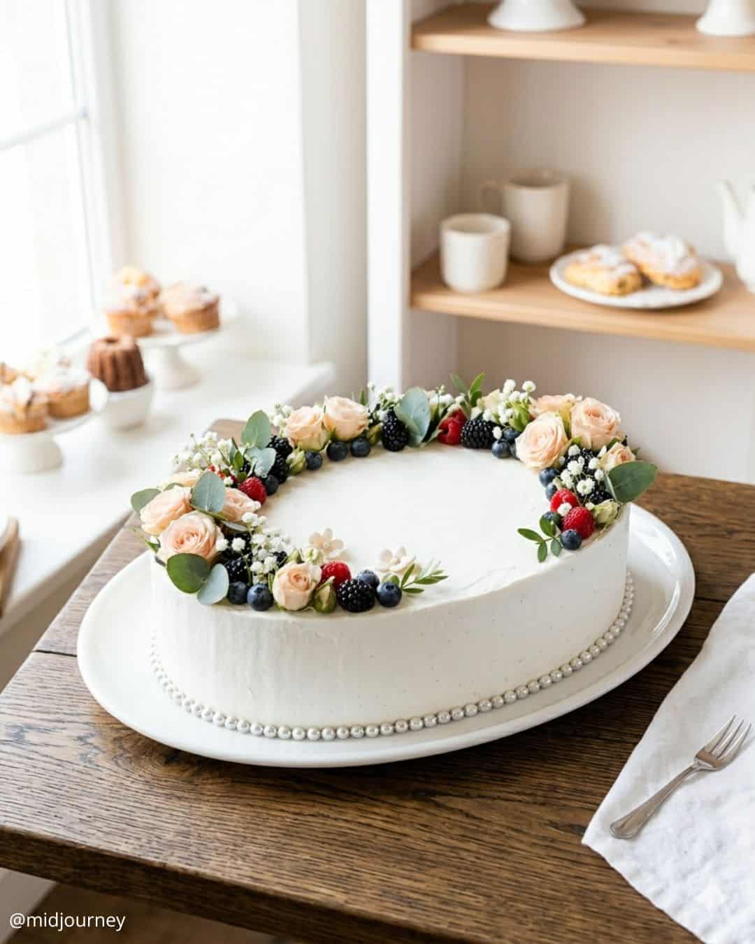 unique wedding cakes simple white cake with wreath of berries and delicate flowers midjourney