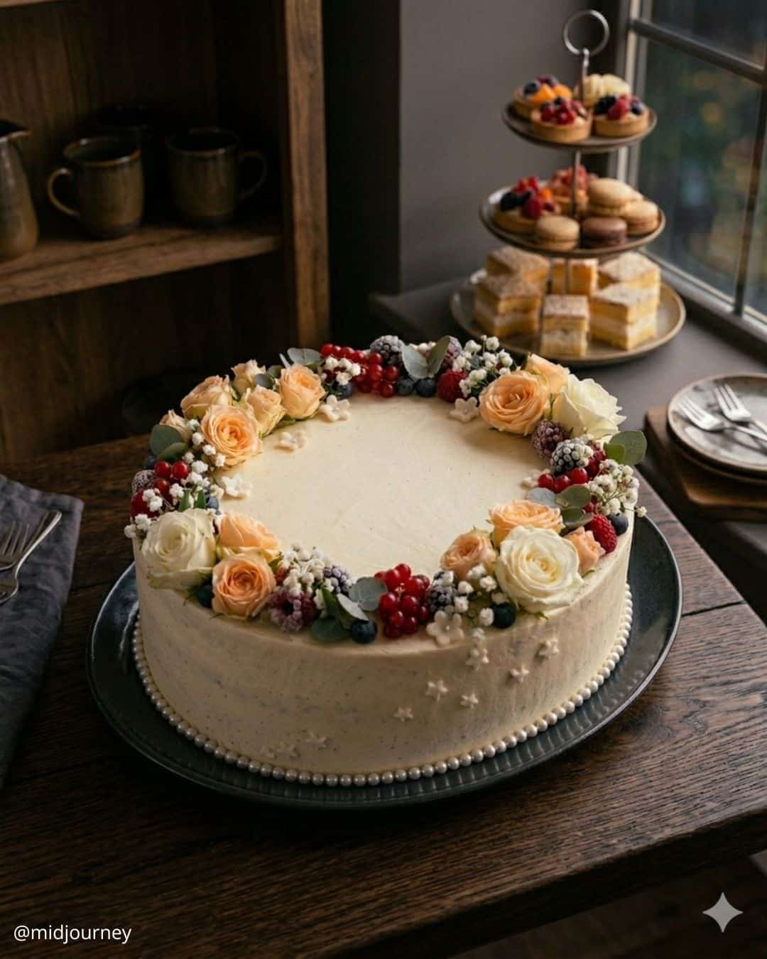 unique wedding cakes elegant cream cake decorated with roses and red currants midjourney