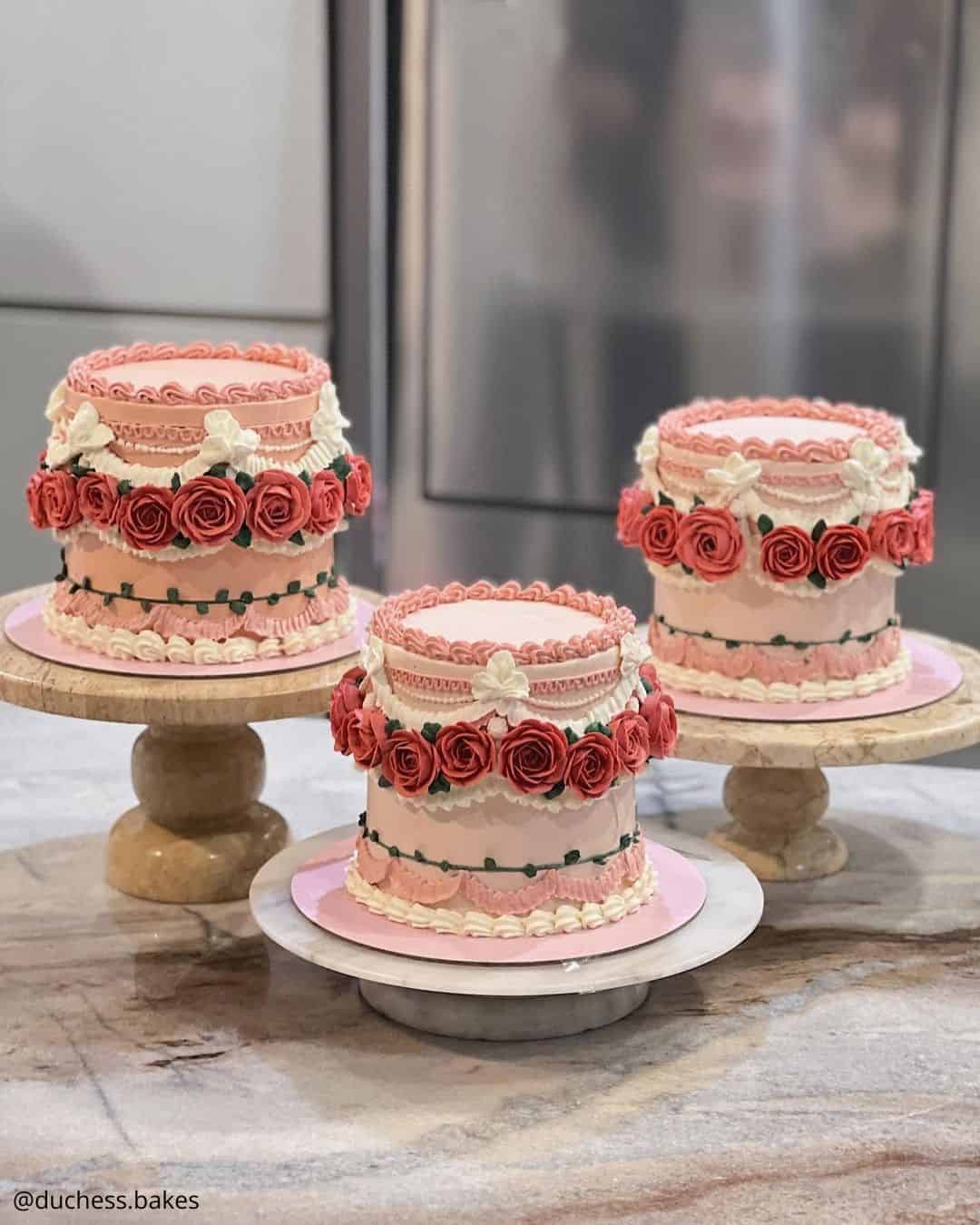 unique wedding cakes trio of mini pink vintage cakes with red roses duchess.bakes