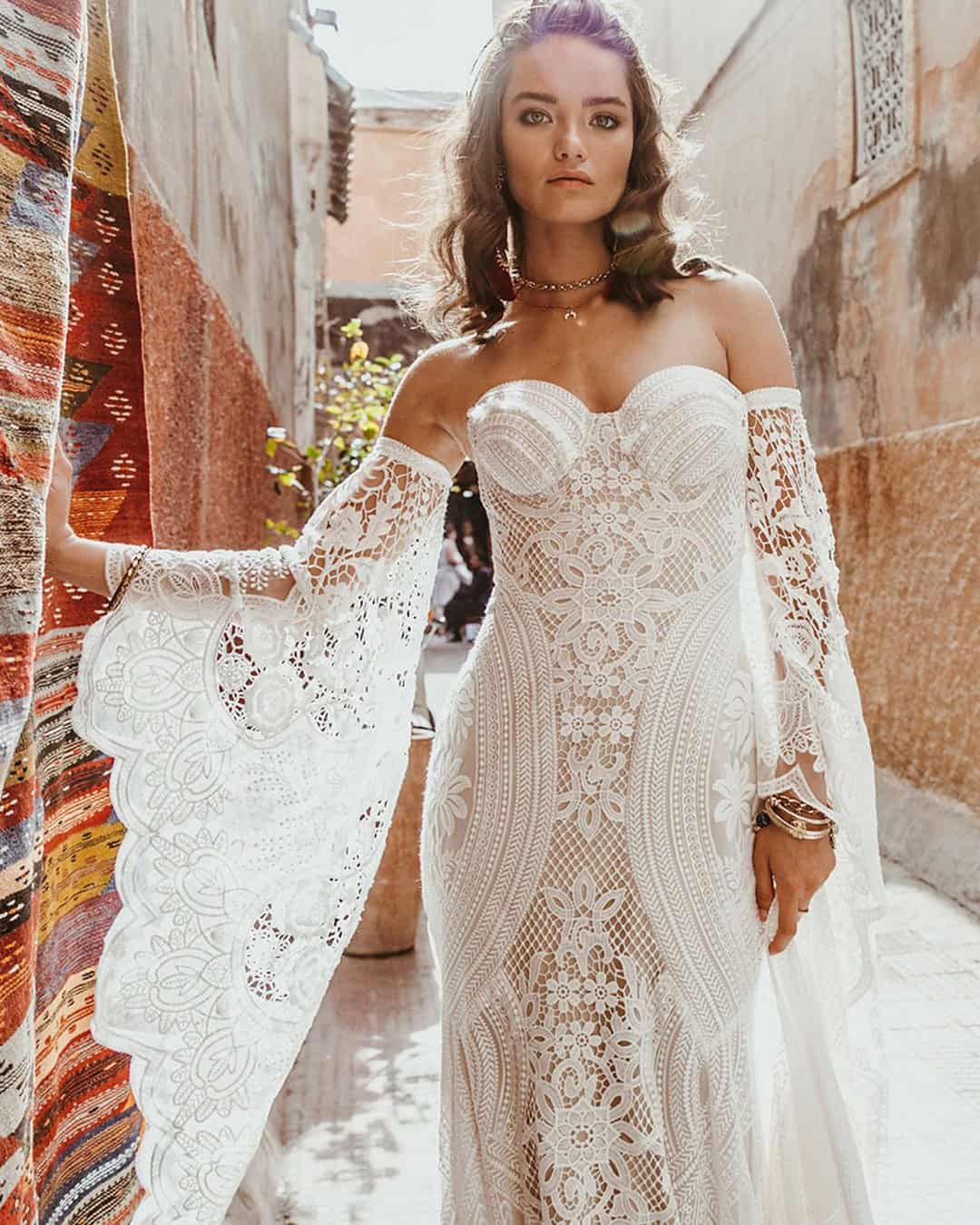 rue de seine wedding dresses adara gown lace bohemian strapless neckline