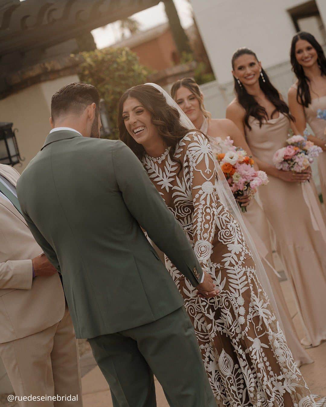 wedding photos happy newlyweds first meeting holding hands ruedeseinebridal