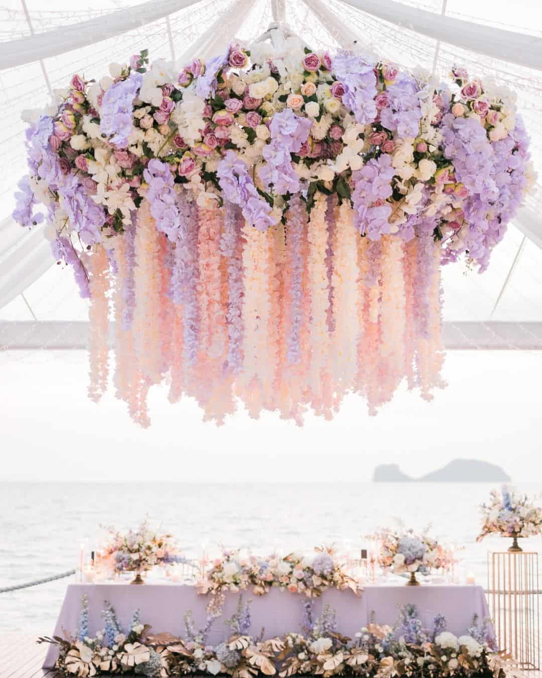 whimsical wedding hanging decor installations flowers
