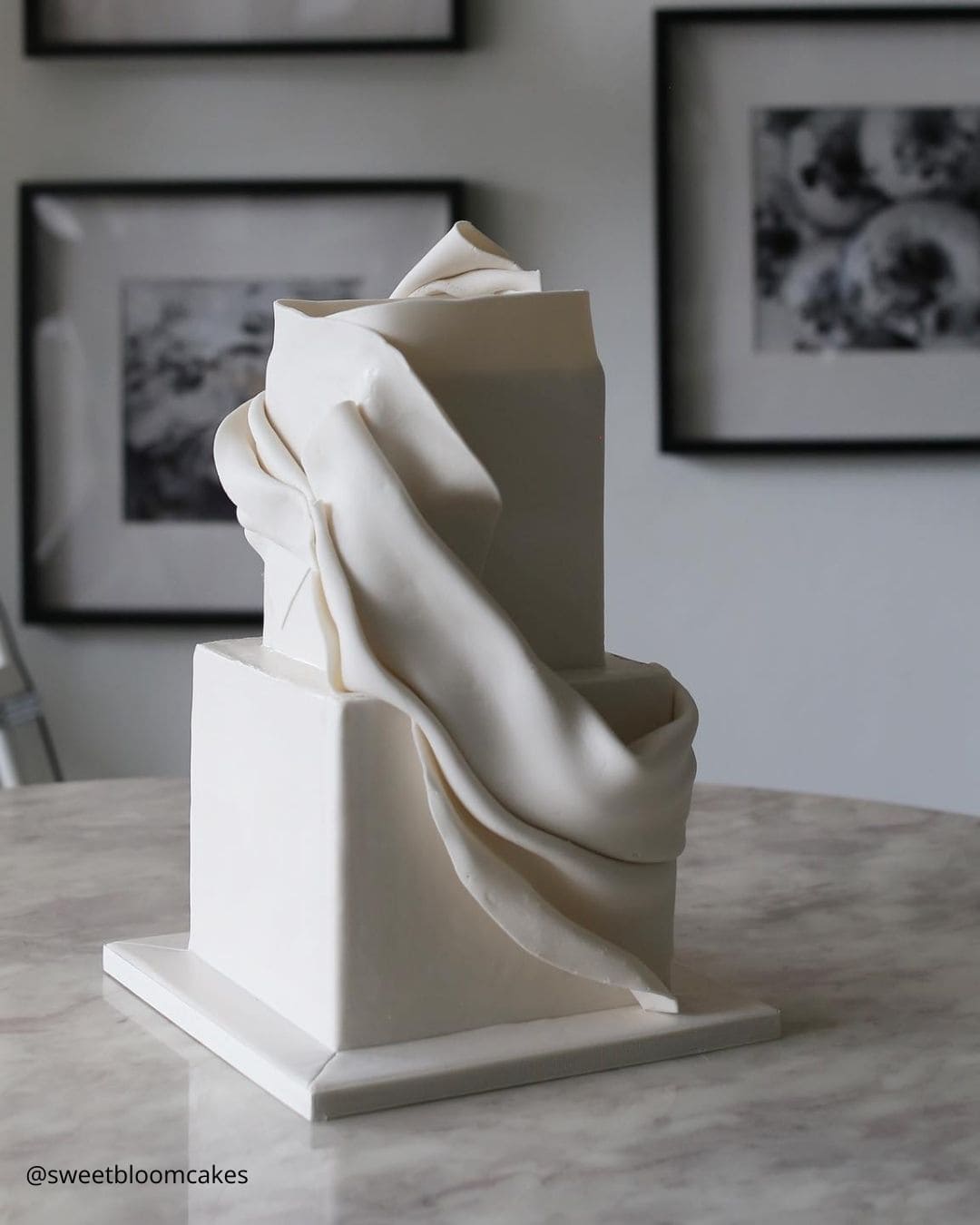 wedding cake trends trendy square white minimalistic cake covered by sugar fabric