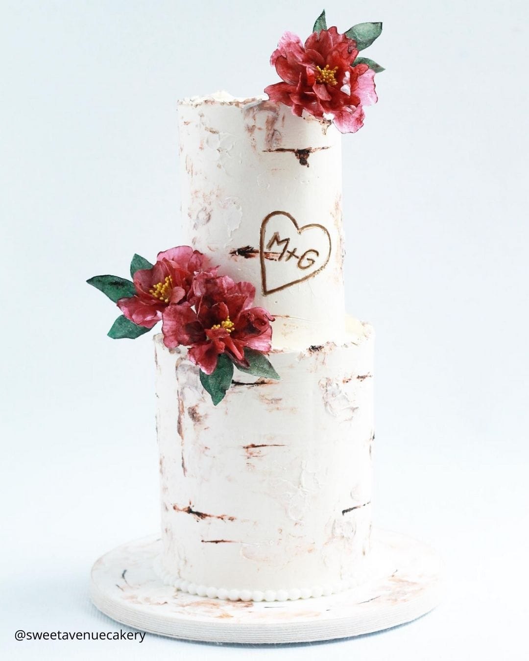 wedding cake trends sugar peonies on semi nakes three tier wedding cake