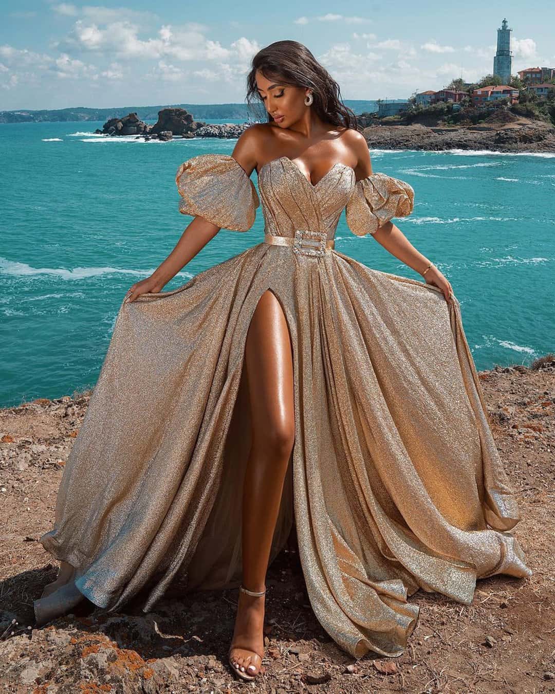 Gold Wedding Dresses For Bride With Sleeves