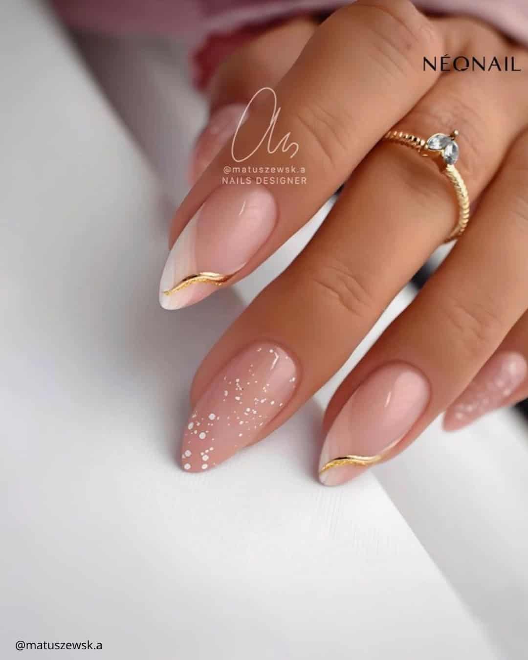 Pink White And Gold Nails