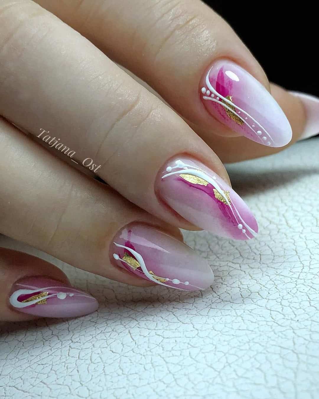 Pink White And Gold Nails