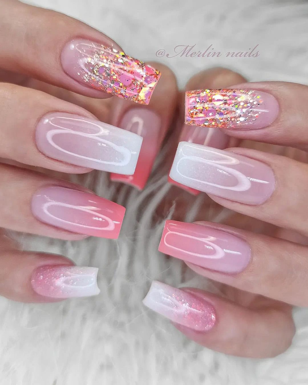 Pink White And Gold Nails